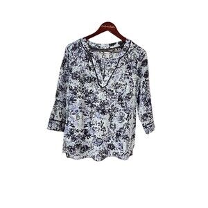 Rebecca Taylor Women M Sz 6 Silk Top Blouse Blue Floral Boho Peasant V Neck T4